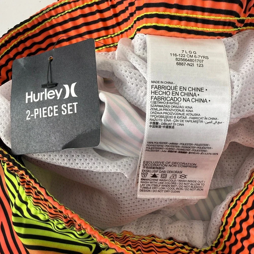 Hurley Boys 7 Swim Trunks Orange Neon Yellow Striped Shark Fin Board Shorts NWOT